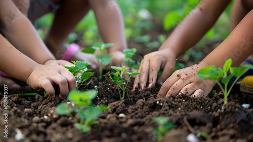Close-up of young hands planting seeds in a garden for sustainable agriculture on International Youth Day