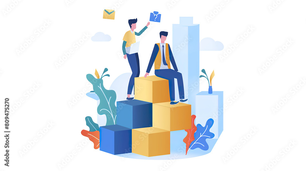 Two business people are standing on top of building blocks. One person is holding an envelope and the other appears to be in mid conversation. The background plants or charts, company growth concept Two business people are standing on top of building blocks. One person is holding an envelope and the other appears to be in mid conversation. The background plants or charts, company growth concept
