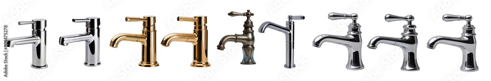 Set of faucets: a variety of faucets in different sizes, colours, models, and styles; both modern and vintage; transparent PNG Set of faucets: a variety of faucets in different sizes, colours, models, and styles; both modern and vintage; transparent PNG