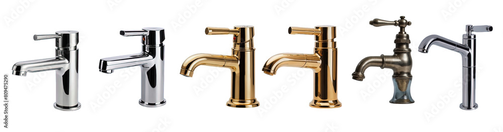 Set of faucets: a variety of faucets in different sizes, colours, models, and styles; both modern and vintage; transparent PNG