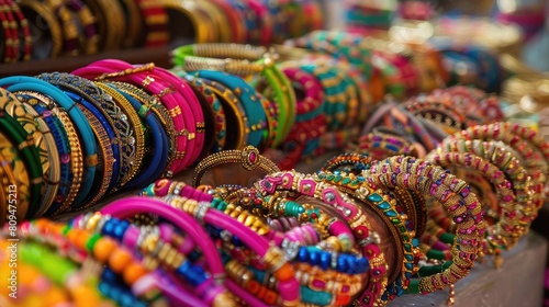Colorful bangles and jewelry displayed for sale in a market ahead of Teej celebrations
