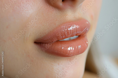 Close up of large lips of woman with Hyaluronic acid beauty fillers