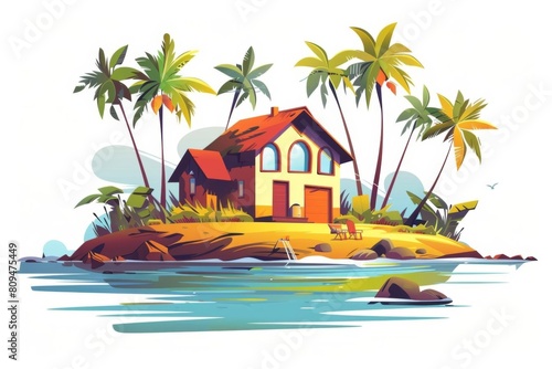 Island coast flat design side view holiday theme cartoon drawing Complementary Color Scheme