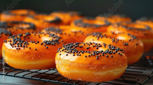 Freshly Baked Orange Glazed Donuts Sprinkled with Black Sesame Seeds