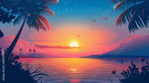 Sunrise by the waterfront flat design top view serene theme animation Complementary Color Scheme