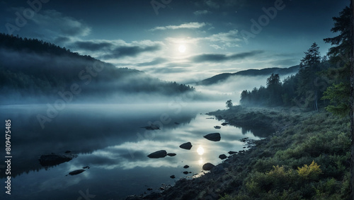 月夜の森と湖