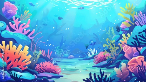 Coral reef near beach flat design front view marine life theme water color Tetradic color scheme © Suphat