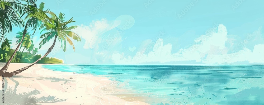 Palmlined beach with island flat design side view serene theme water color Colored pastel