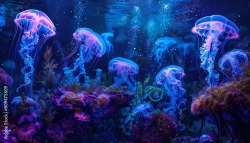 A neon underwater scene, where jellyfish and deepsea creatures emit bioluminescent light