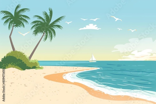 Coastal sand flat design side view island escape theme cartoon drawing Complementary Color Scheme photo