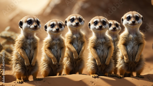 A group of seven meerkats standing on the sand and looking at the camera.

 photo