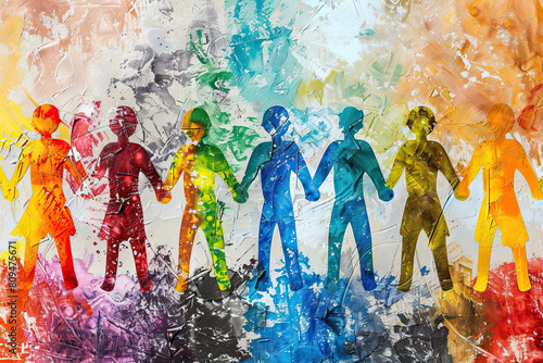 Group of 6 people holding hands, artistic abstract in a rainbow of colours. Dance group, or work team communicating and working together photo