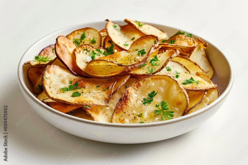 Seasoned Air Fried Potato Chips in a White Porcelain Bowl