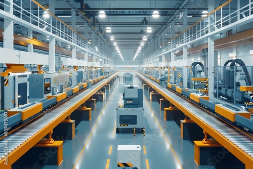 A panoramic view of a smart factory  where machines seamlessly communicate to enhance production efficiency