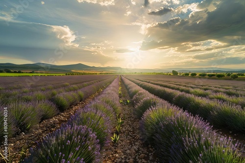 A panoramic view of lavender fields stretching toward the horizon under a bright sky