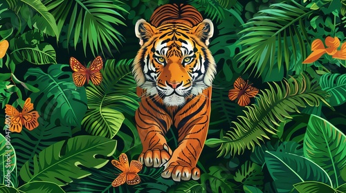 A seamless background featuring a tiger in the jungle creates a captivating and immersive design in this vector illustration.