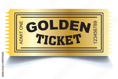 Golden ticket. Realistic golden show ticket. Old premium cinema entrance tickets. Gold admission to movie theater or amusement shows vector set.