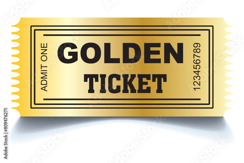 Golden ticket. Realistic golden show ticket. Old premium cinema entrance tickets. Gold admission to movie theater or amusement shows vector set.