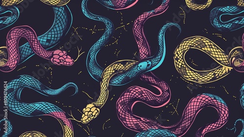 A seamless vector hand-drawn pattern featuring snakes. photo