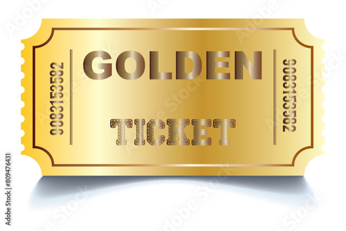 Golden ticket. Realistic golden show ticket. Old premium cinema entrance tickets. Gold admission to movie theater or amusement shows vector set.