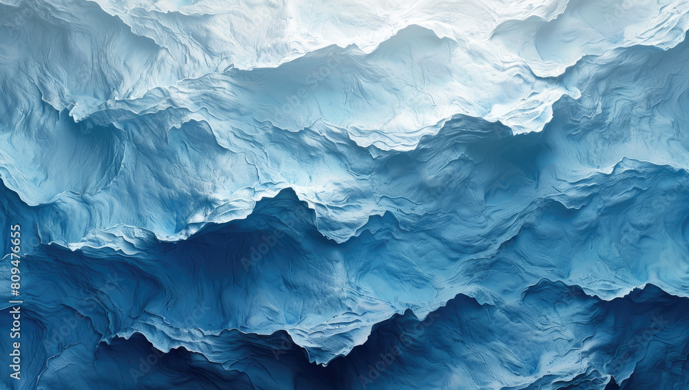 A detailed paper texture of deep blue icebergs, with intricate layers and shadows creating an ethereal effect. Created with Ai