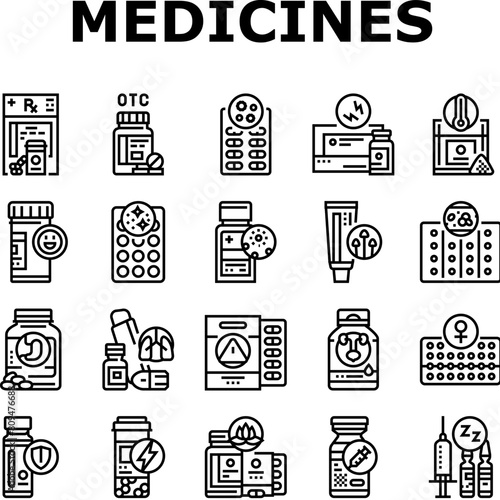 medicines pharmacy health medical icons set vector. prescription doctor, bottle pill, drug hospital, care treatment, drugstore medicines pharmacy health medical black contour illustrations
