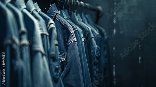 A collection of neatly folded jeans hanging on hooks, casting subtle shadows against a minimalist backdrop in a contemporary fashion boutique