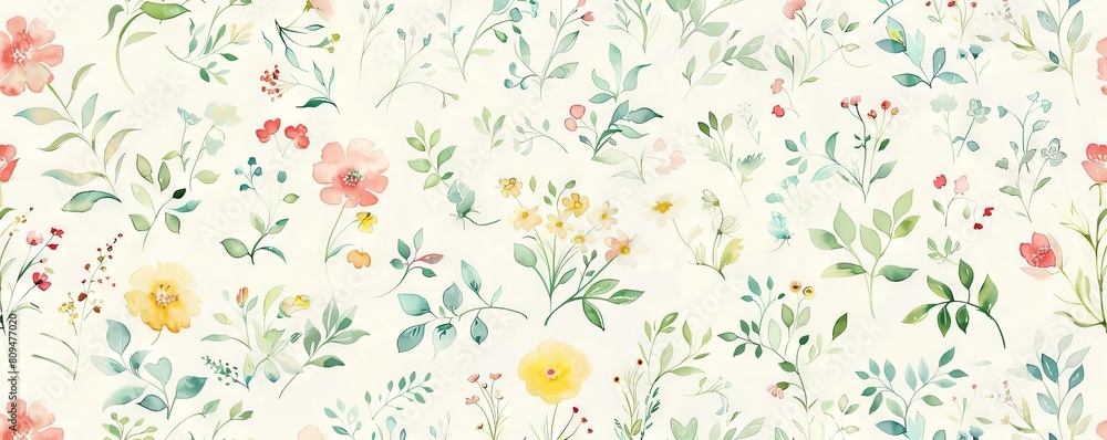 A repeating pattern of small floral motifs in soft watercolor hues on a clean white background A repeating pattern of small floral motifs in soft watercolor hues on a clean white background