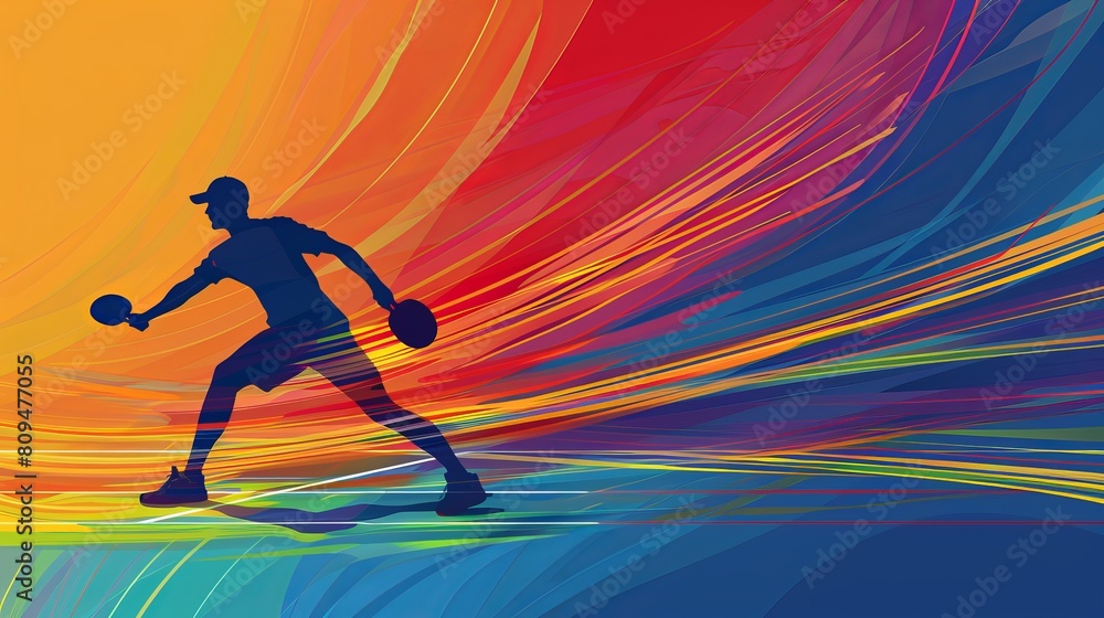 A silhouette of a table tennis player against a ping pong background adds depth to the sports scene.