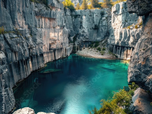 The picturesque artificial old abandoned stone quarry with azure water, featuring flooded quarries. Nature reclaiming its beauty! 