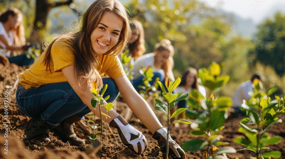 Smiling young volunteers planting trees for environmental conservation on International Youth Day Smiling young volunteers planting trees for environmental conservation on International Youth Day