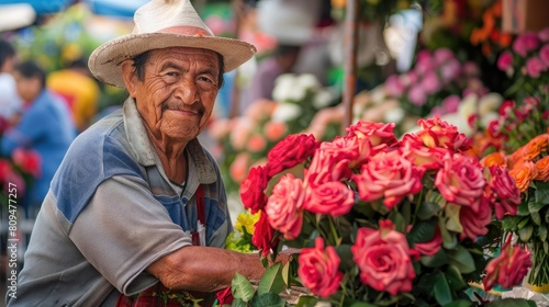 street vendor selling fragrant roses and bouquets at Feria de las Flores markets photo