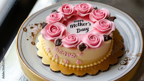 Elegant small cake with marzipan roses and "Happy Mother's Day" inscription.