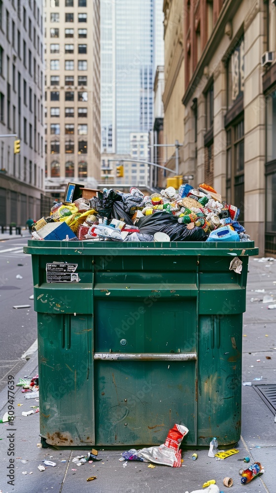 Overflowing garbage dumpster in urban setting Overflowing garbage dumpster in urban setting