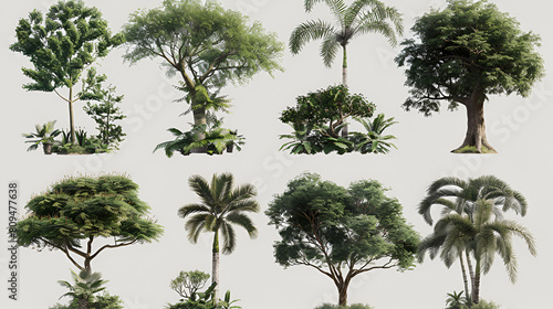 Jungle rain forest trees shapes cutout 3d render png set photo