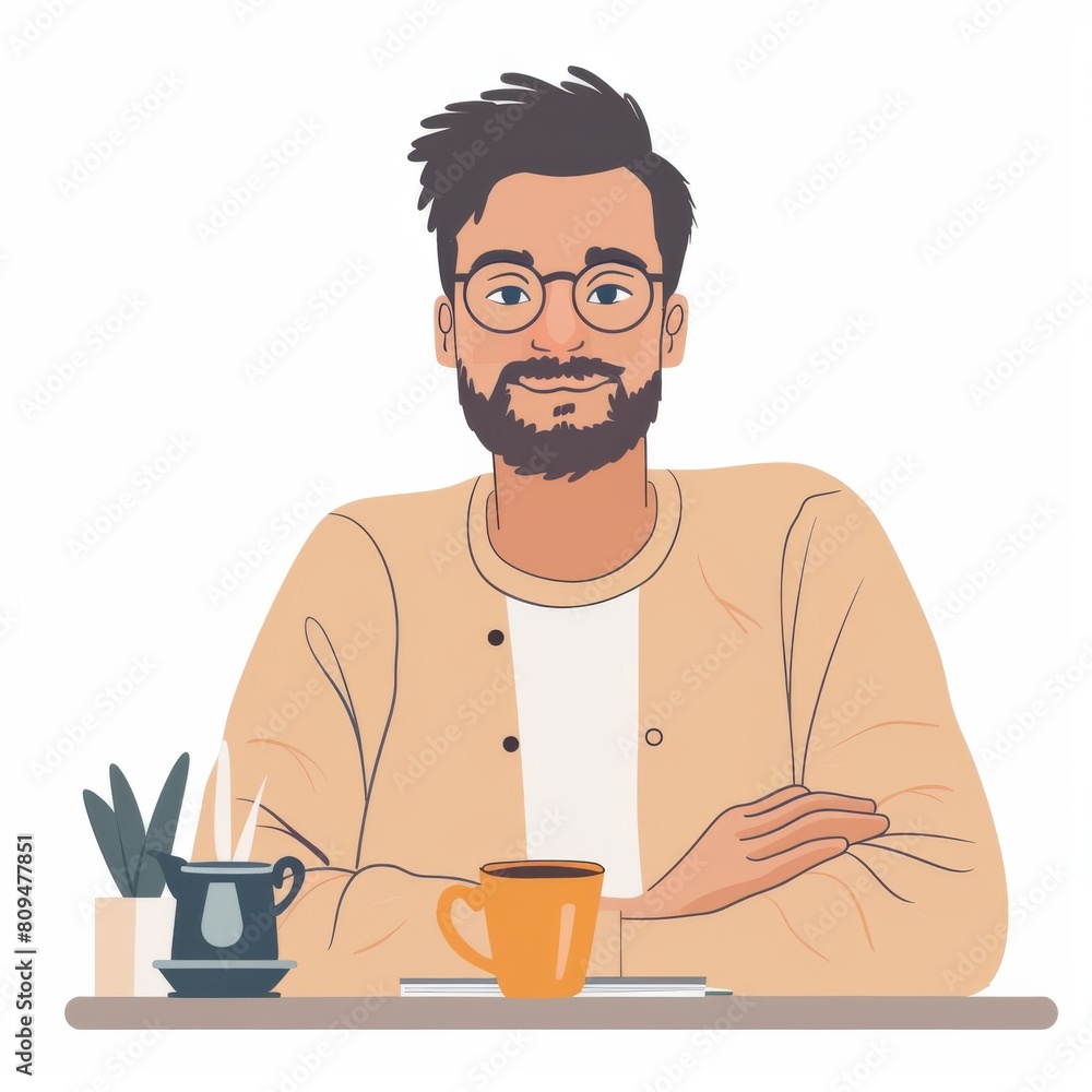 Design a sophisticated avatar for a social media manager, male, in a relaxed pose with a cup of coffee, smiling at the camera, with a minimalist desk background Design a sophisticated avatar for a social media manager, male, in a relaxed pose with a cup of coffee, smiling at the camera, with a minimalist desk background