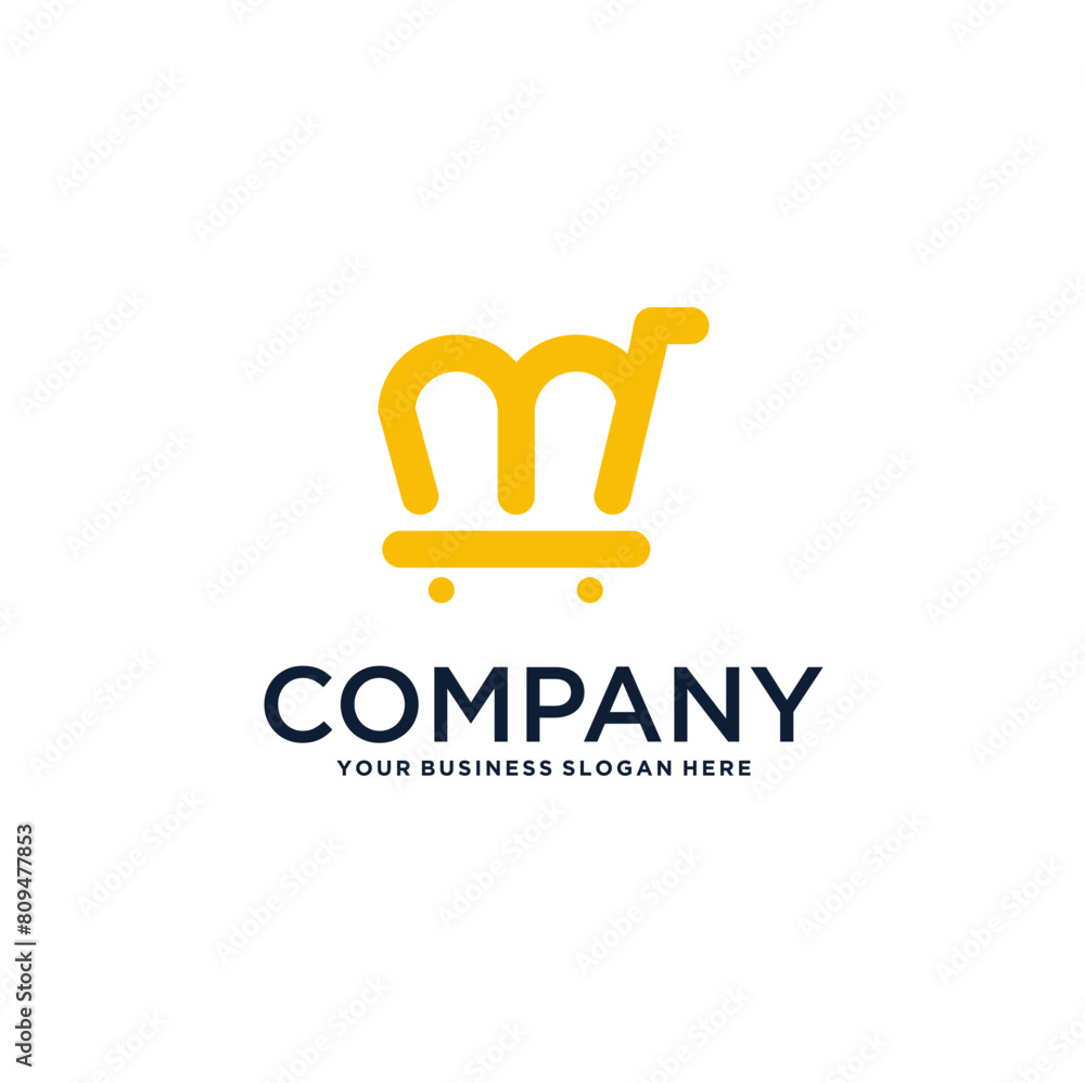 m logo design with retail and trolley m logo design with retail and trolley