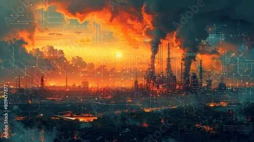 Futuristic industrial cityscape at sunset