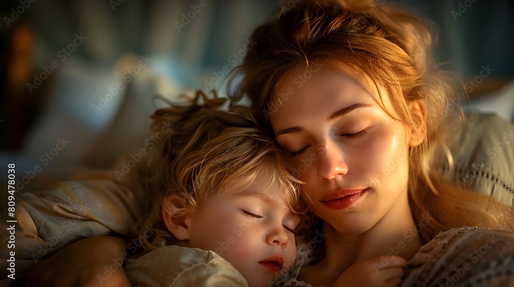 Tender Nighttime Tableau of Loving Mother Comforting Slumbering Child in Intimate Bedroom Scene Tender Nighttime Tableau of Loving Mother Comforting Slumbering Child in Intimate Bedroom Scene