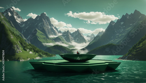 A green helipad sits on a lake surrounded by snow-capped mountains.  