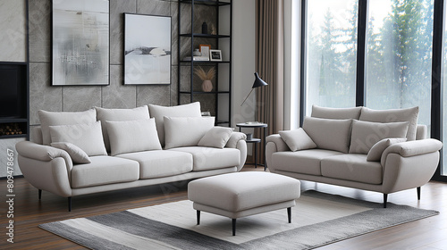 Comfortable sofa and armchair in stylish living room. Interior design.