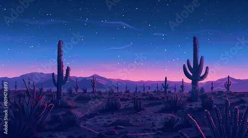 A stunning desert landscape at twilight, with giant saguaro cacti casting long shadows in the moonlight