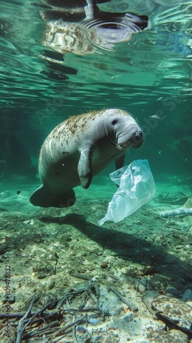 Manatee encounters plastic bag underwater