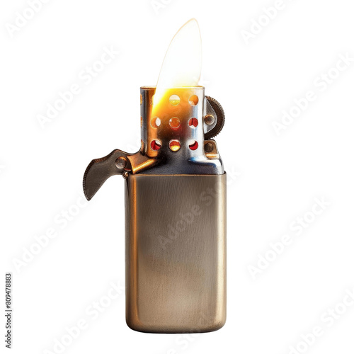 A silver metal lighter with a flame.