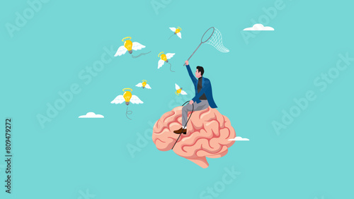 new creative idea searching process, mindset development or learn new skill, contemplation to find solutions or innovations, businessman riding human brain using butterfly net to catch light bulb idea photo