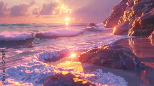 Sunset illuminating rocks along the coastline