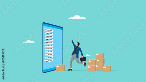 sell products online on e-commerce website or online shop application, get new order, technology for selling on the internet, happy businessman gets lots of new orders with packages ready to be sent