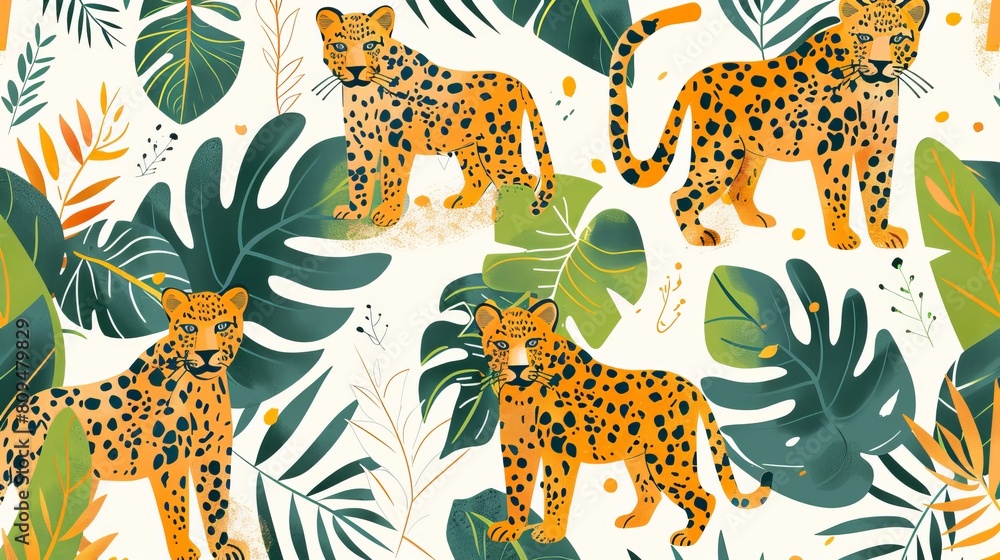 A trendy vector seamless pattern featuring leopards and tropical leaves is showcased in this stylish design. A trendy vector seamless pattern featuring leopards and tropical leaves is showcased in this stylish design.