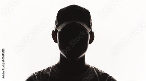 Male person silhouette hidden face under baseball cap over white