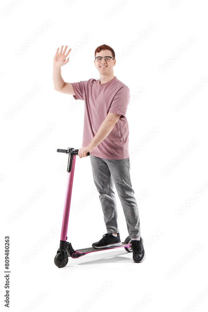 Young man with modern electric kick scooter on white background Young man with modern electric kick scooter on white background